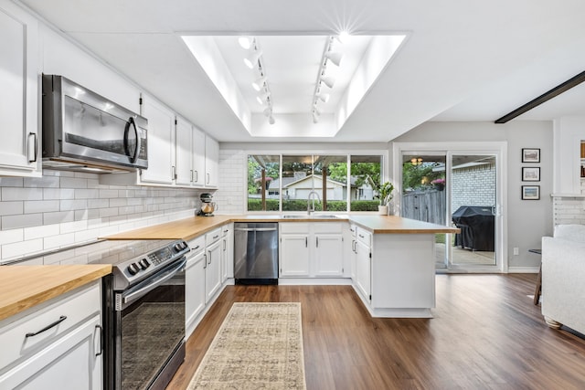 kitchen with dark wood-style flooring, wooden counters, a tray ceiling, backsplash, and stainless steel appliances