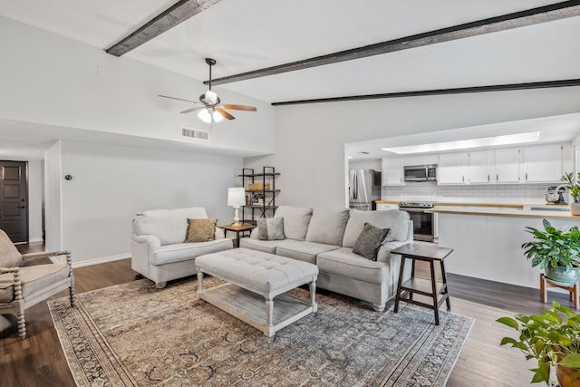 living area with dark wood-style flooring, a ceiling fan, visible vents, and lofted ceiling with beams