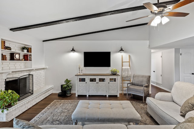 living room featuring baseboards, vaulted ceiling with beams, a ceiling fan, and dark wood finished floors