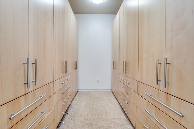 walk in closet featuring light colored carpet