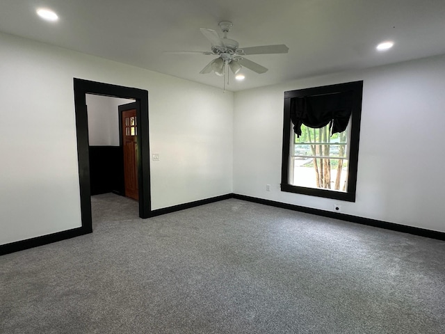 unfurnished room with baseboards, ceiling fan, carpet flooring, and recessed lighting