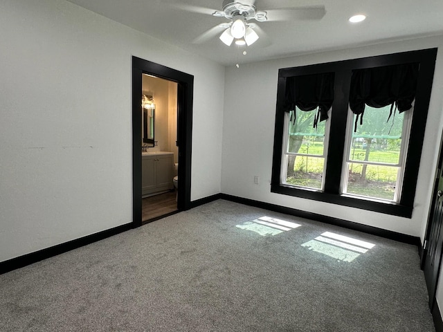 unfurnished room with baseboards, carpet, a ceiling fan, and recessed lighting