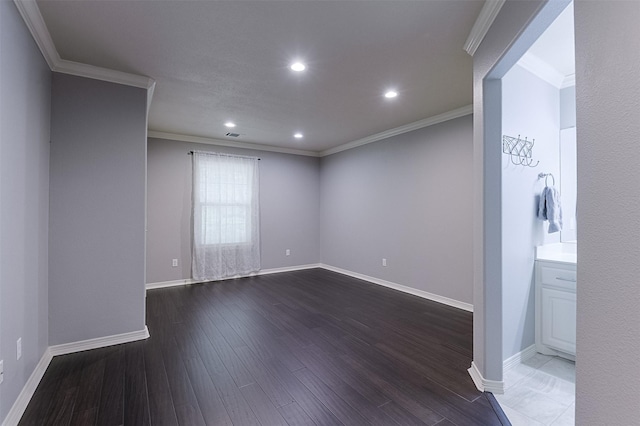 unfurnished room with crown molding, baseboards, recessed lighting, and dark wood-style floors