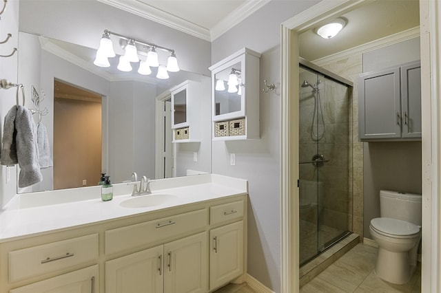 bathroom featuring vanity, ornamental molding, toilet, baseboards, and a stall shower