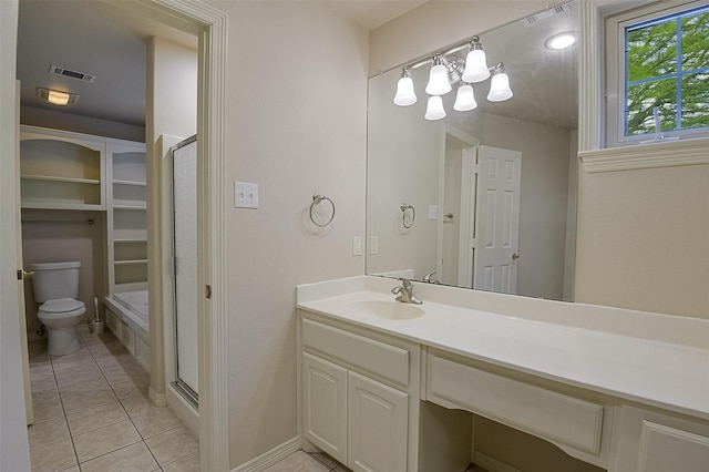 full bath featuring toilet, visible vents, tile patterned flooring, and a stall shower
