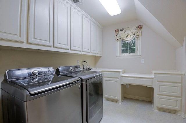 laundry room with independent washer and dryer, light tile patterned flooring, cabinet space, baseboards, and visible vents