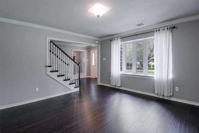 entryway featuring visible vents, crown molding, stairway, baseboards, and dark wood-type flooring