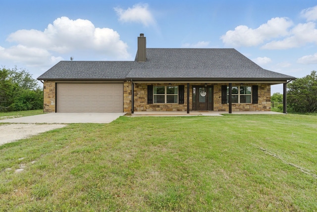 ranch-style house featuring covered porch, driveway, a front lawn, an attached garage, and stone siding