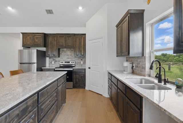 kitchen with dark brown cabinetry, visible vents, appliances with stainless steel finishes, a sink, and light wood finished floors