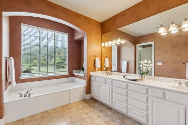 5403 Englenook Dr, Parker, TX 75002 - full bathroom featuring visible vents, a garden tub, double vanity, tile patterned floors, and a sink