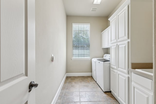 5403 Englenook Dr, Parker, TX 75002 - washroom featuring visible vents, baseboards, washer and clothes dryer, cabinet space, and light tile patterned floors