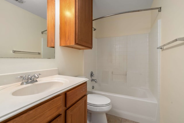 bathroom with vanity, tile patterned flooring, toilet, and  shower combination