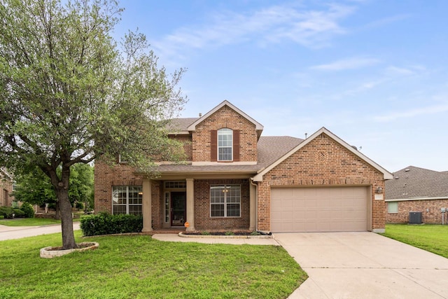 traditional-style house featuring a shingled roof, central AC, brick siding, a garage, and concrete driveway