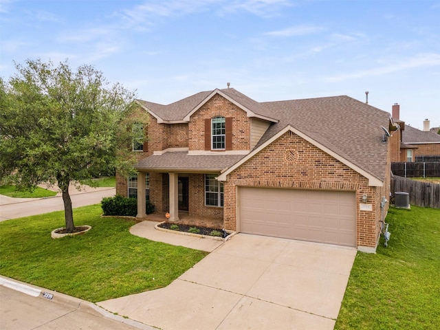 2719 Foxpoint Trl, Arlington, TX 76017 - traditional-style house with a shingled roof, an attached garage, driveway, central AC unit, and brick siding