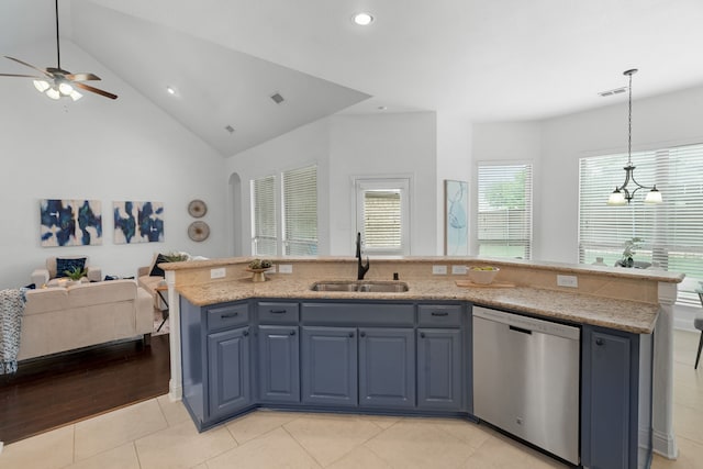 kitchen with ceiling fan, visible vents, stainless steel dishwasher, a sink, and open floor plan