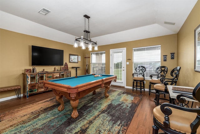 playroom featuring baseboards, pool table, visible vents, and wood finished floors