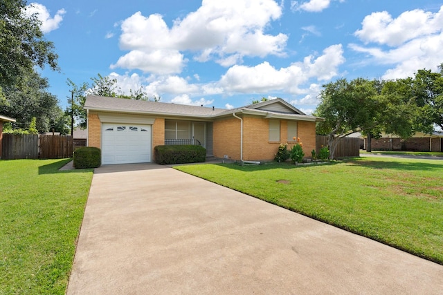 ranch-style house with a garage, fence, concrete driveway, and brick siding