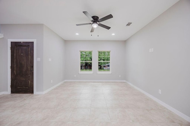3600 Howard St, Fort Worth, TX 76119 - empty room with a ceiling fan, recessed lighting, baseboards, and light tile patterned floors