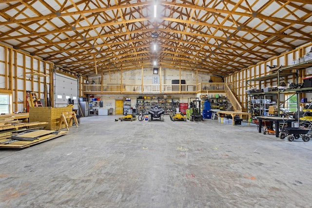 garage with a workshop area