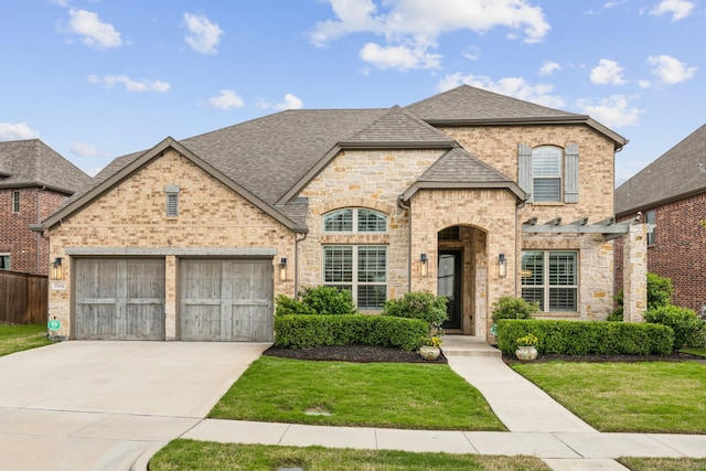 french country inspired facade featuring a garage, a front yard, and a shingled roof