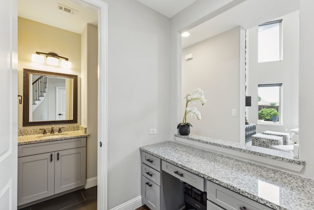 bathroom with baseboards, visible vents, and vanity
