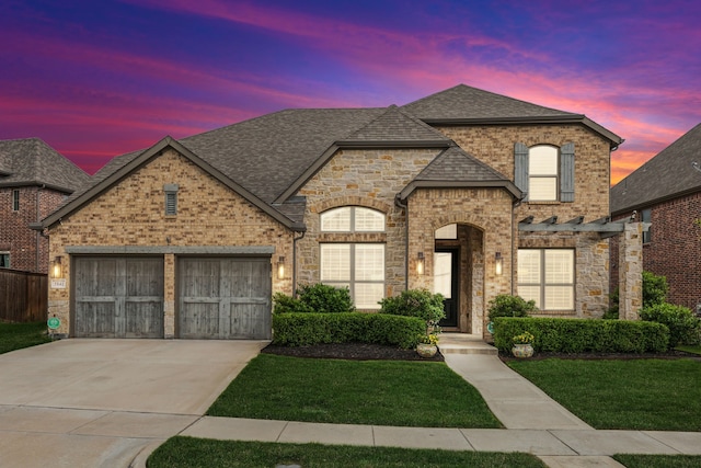 french country style house with a garage, a front yard, brick siding, a shingled roof, and driveway