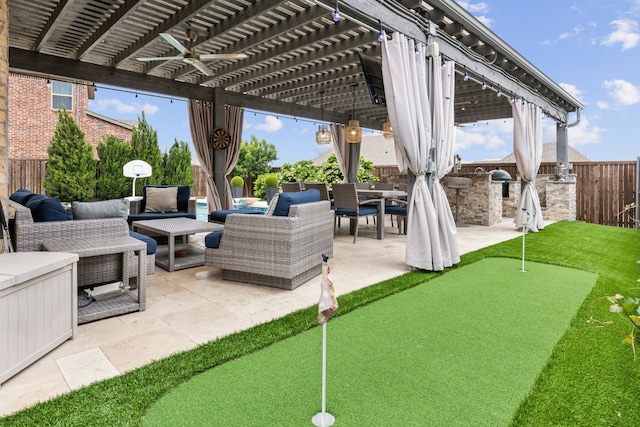 view of patio / terrace featuring a pergola, an outdoor living space, a fenced backyard, and outdoor dry bar