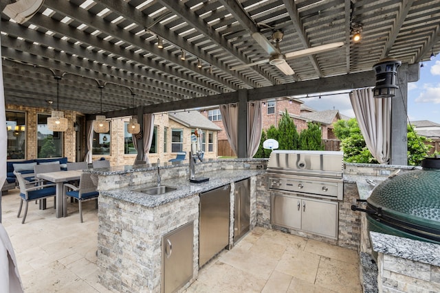 view of patio / terrace featuring an outdoor kitchen, a sink, a pergola, and a grill