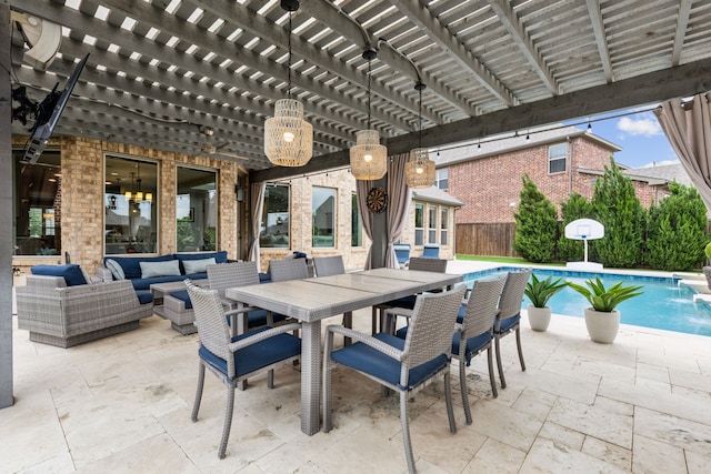 view of patio with fence, a pergola, outdoor lounge area, and an outdoor pool