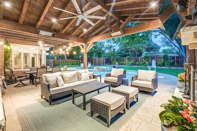view of patio / terrace featuring an outdoor living space, a ceiling fan, a fenced backyard, and a fenced in pool