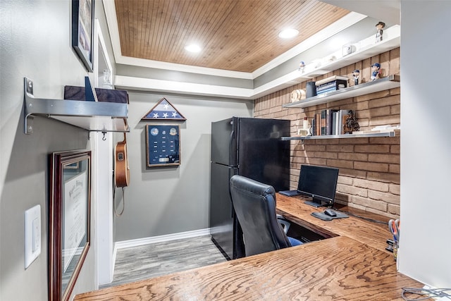 home office featuring wood ceiling, baseboards, ornamental molding, and wood finished floors