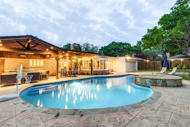 view of pool with an outdoor living space, a patio area, fence, and a pool with connected hot tub