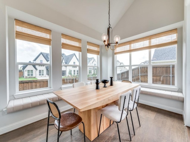 dining room with an inviting chandelier, wood finished floors, and a wealth of natural light