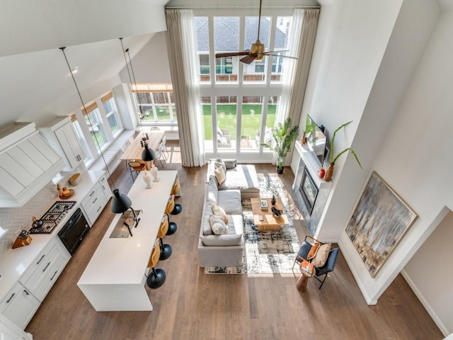 living area featuring a high ceiling, ceiling fan, plenty of natural light, and wood finished floors