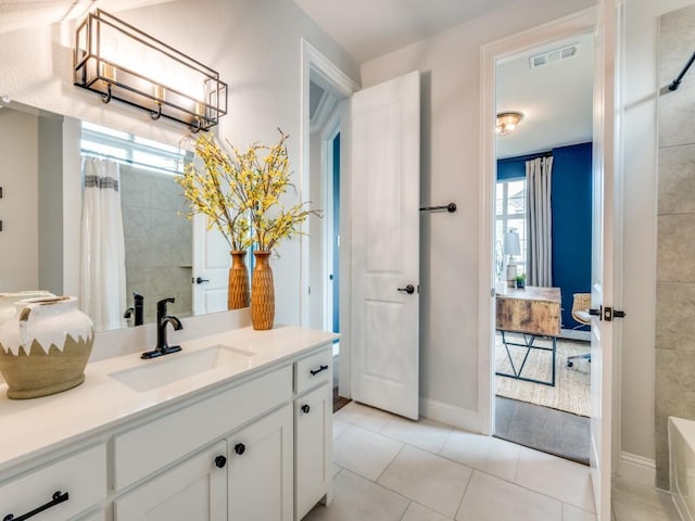 bathroom with a tub, visible vents, curtained shower, vanity, and tile patterned floors