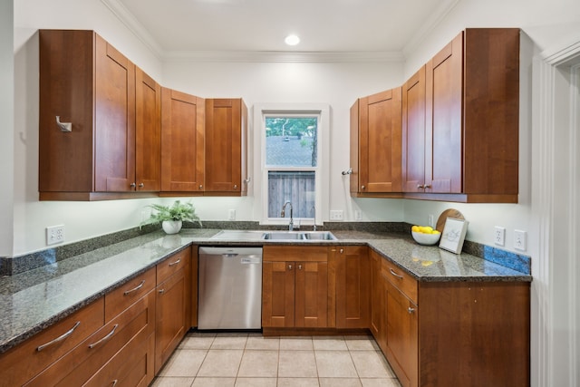 906 N Clinton Ave, Dallas, TX 75208 - kitchen featuring stainless steel dishwasher, crown molding, a sink, dark stone countertops, and light tile patterned floors