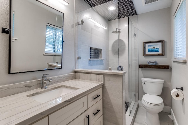 3158 Newcastle Dr, Dallas, TX 75220 - bathroom with visible vents, a stall shower, vanity, tile patterned floors, and toilet