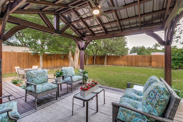 3158 Newcastle Dr, Dallas, TX 75220 - view of patio featuring a gazebo, an outdoor living space, a fenced backyard, and ceiling fan