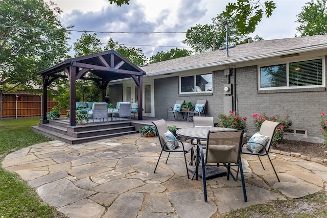 3158 Newcastle Dr, Dallas, TX 75220 - view of patio / terrace with fence, outdoor dining space, a gazebo, an outdoor hangout area, and a wooden deck