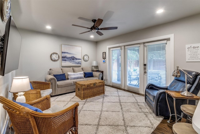 3158 Newcastle Dr, Dallas, TX 75220 - living room featuring ceiling fan, recessed lighting, and wood finished floors