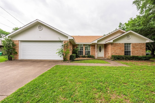 ranch-style house with concrete driveway, brick siding, an attached garage, and a front yard