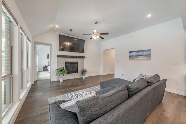 living room with a fireplace, a ceiling fan, recessed lighting, wood finished floors, and lofted ceiling