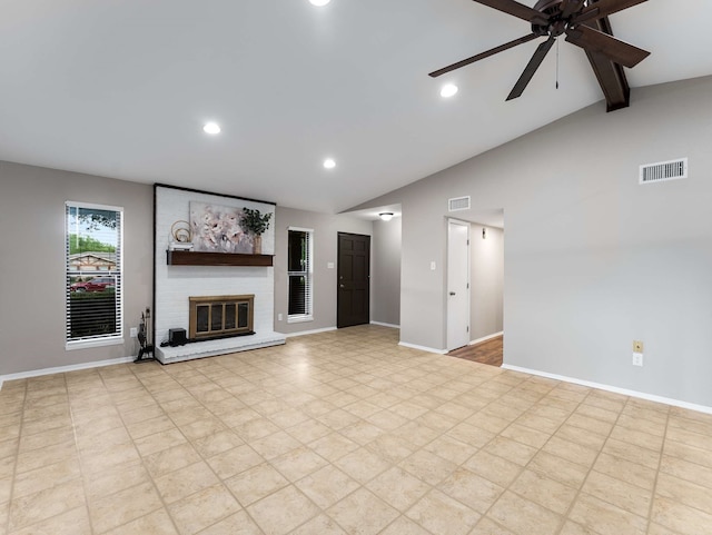 unfurnished living room featuring visible vents, lofted ceiling with beams, baseboards, and a ceiling fan