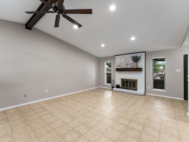 unfurnished living room with ceiling fan, a fireplace, baseboards, lofted ceiling with beams, and recessed lighting