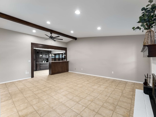 unfurnished living room featuring ceiling fan, a fireplace, baseboards, lofted ceiling with beams, and recessed lighting