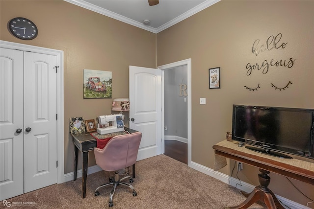 carpeted office with baseboards and ornamental molding