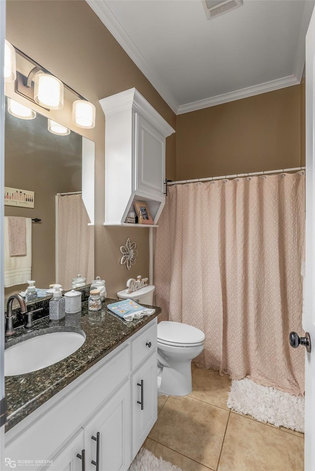 full bath with crown molding, toilet, tile patterned floors, and vanity