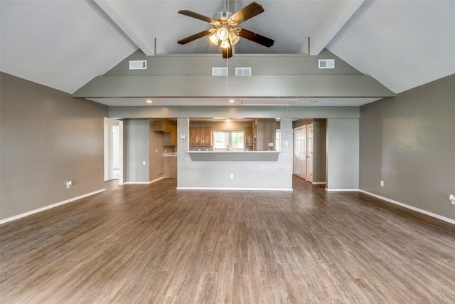 2400 N Shore Dr, Bonham, TX 75418 - unfurnished living room with high vaulted ceiling, visible vents, and ceiling fan