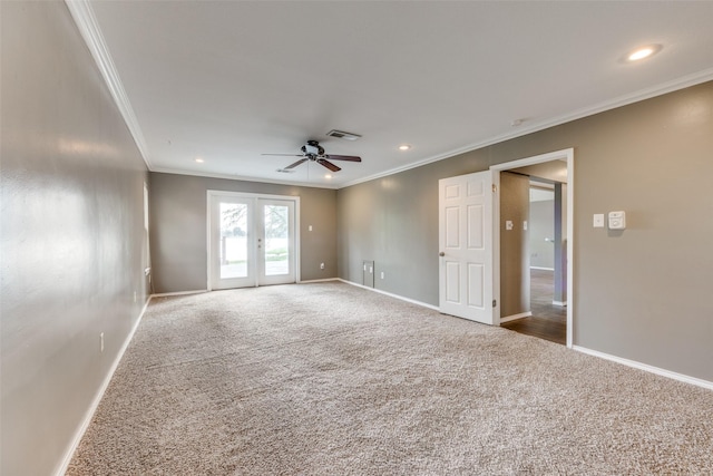 2400 N Shore Dr, Bonham, TX 75418 - carpeted empty room featuring crown molding, ceiling fan, visible vents, and baseboards