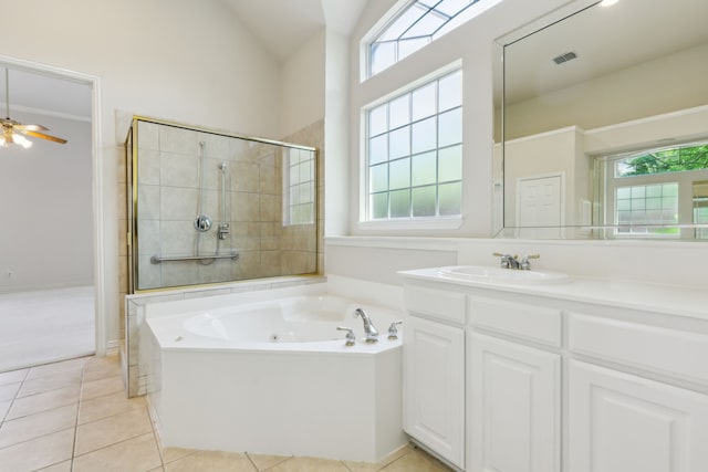 full bath with visible vents, vanity, a whirlpool tub, tile patterned floors, and a tile shower